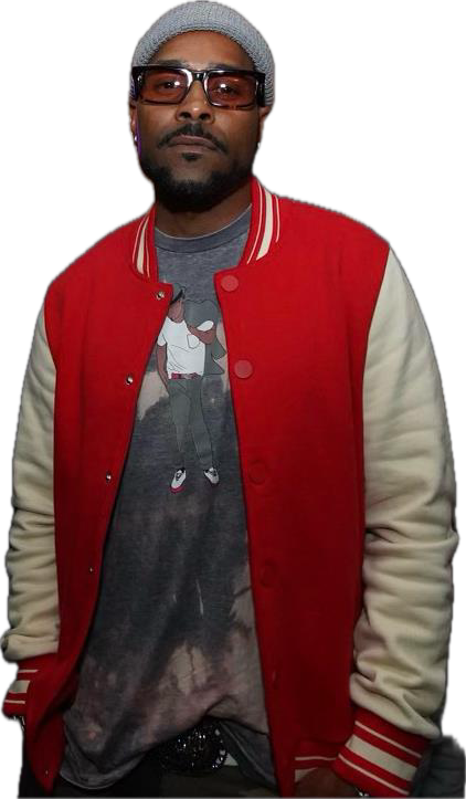 Aaron Skyy in a red and cream varsity jacket, grey beanie and tinted glasses